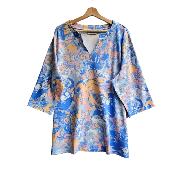 Quacker Factory by Jeanne Bice Blue Floral Rhinestone Split V-Neck Tunic Top, 2x - Picture 1 of 15